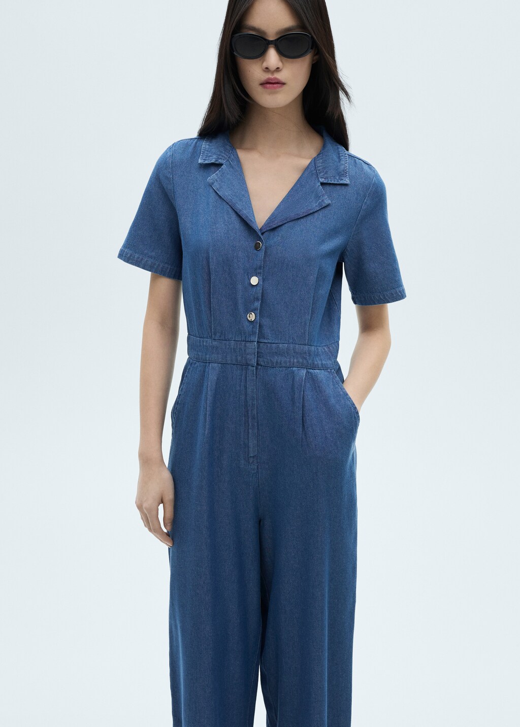 Short-sleeved denim jumpsuit - Medium Blue