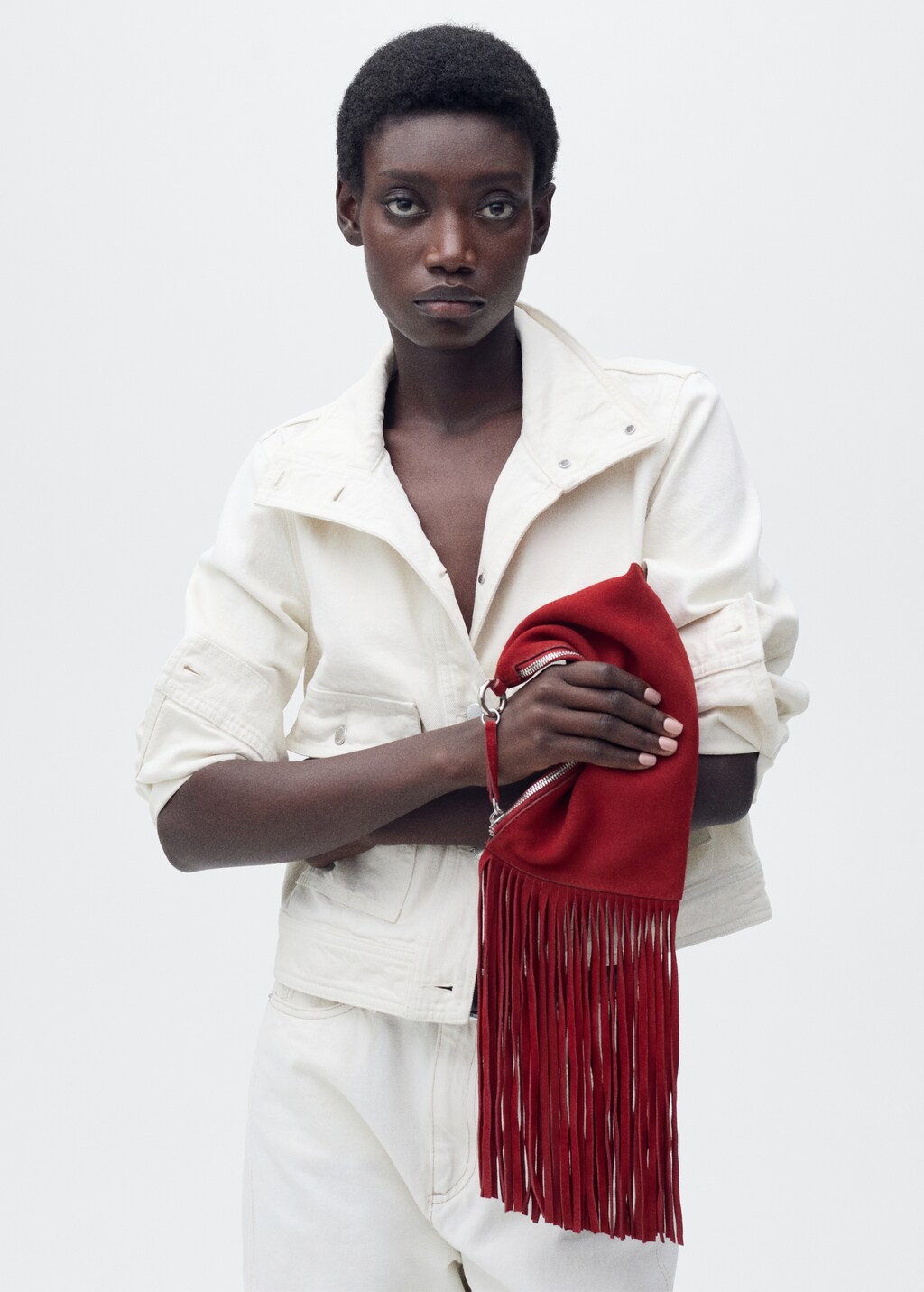 Leather handbag with fringes - Red