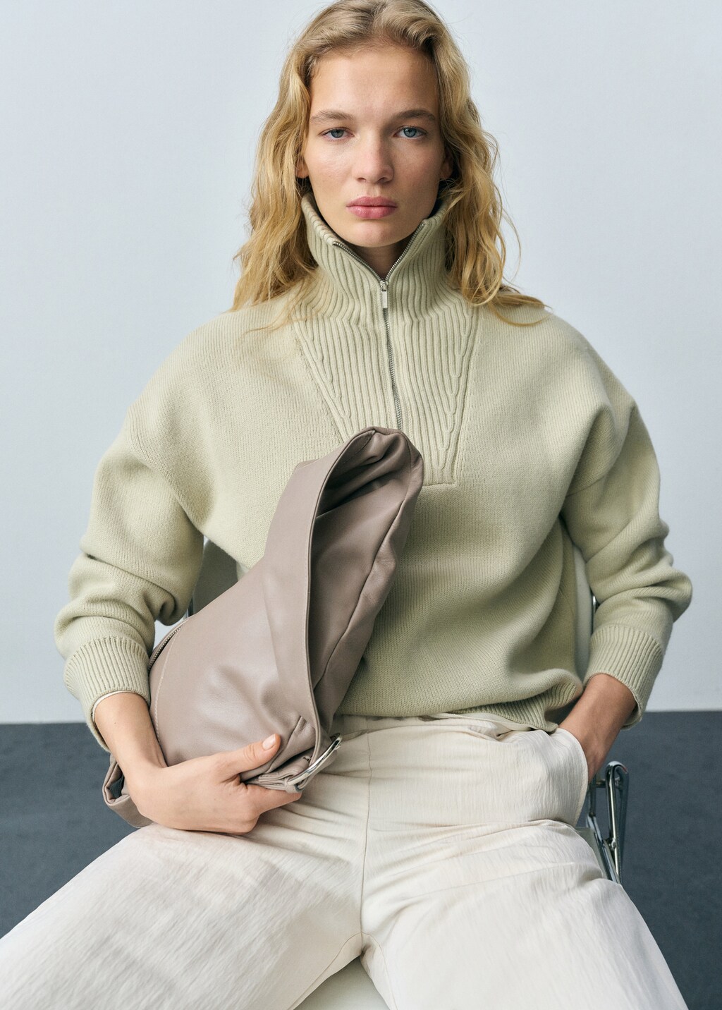 Wool-blend sweater with zip - Green Apple