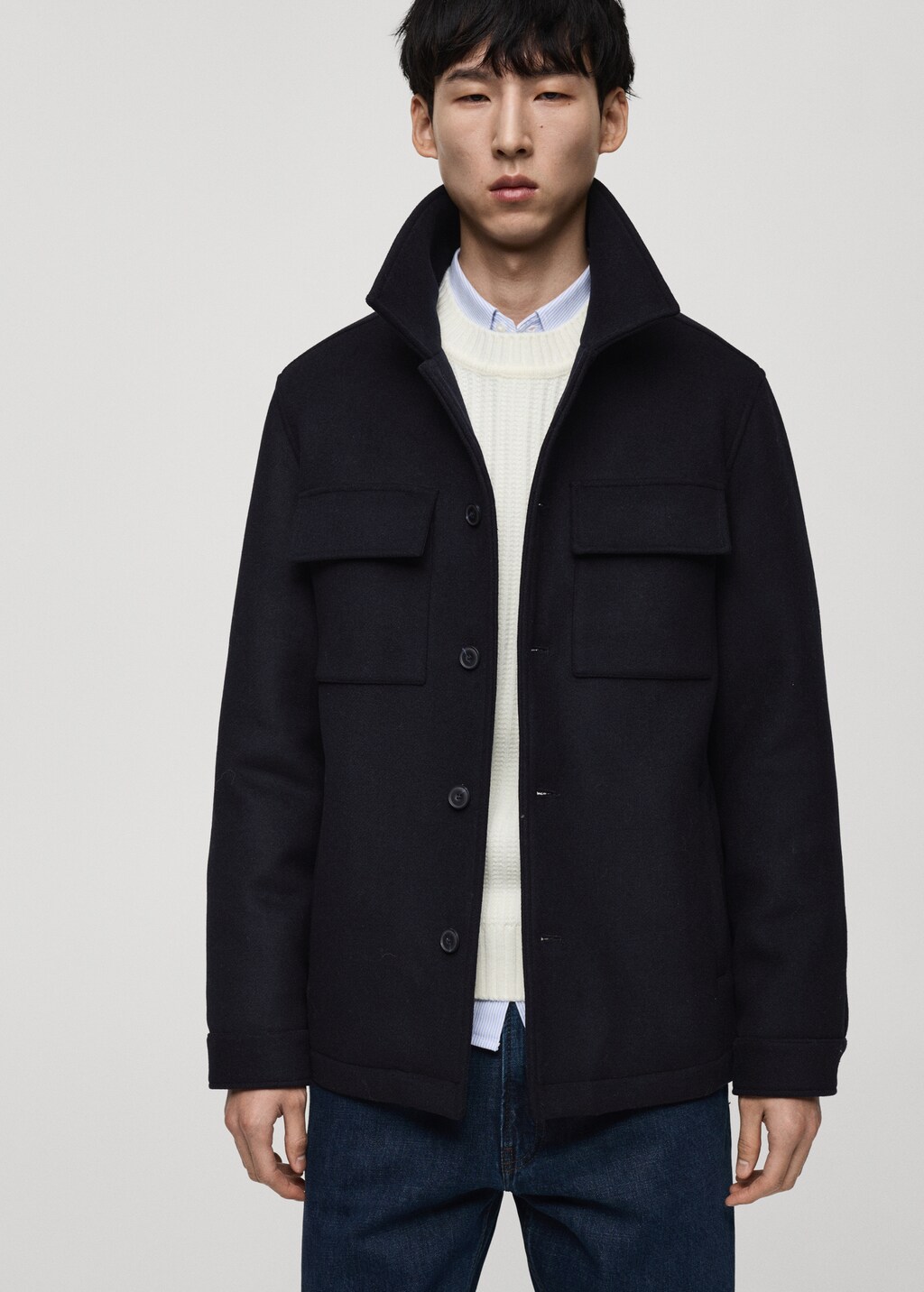 Wool blend coat with detachable hood - Dark Navy