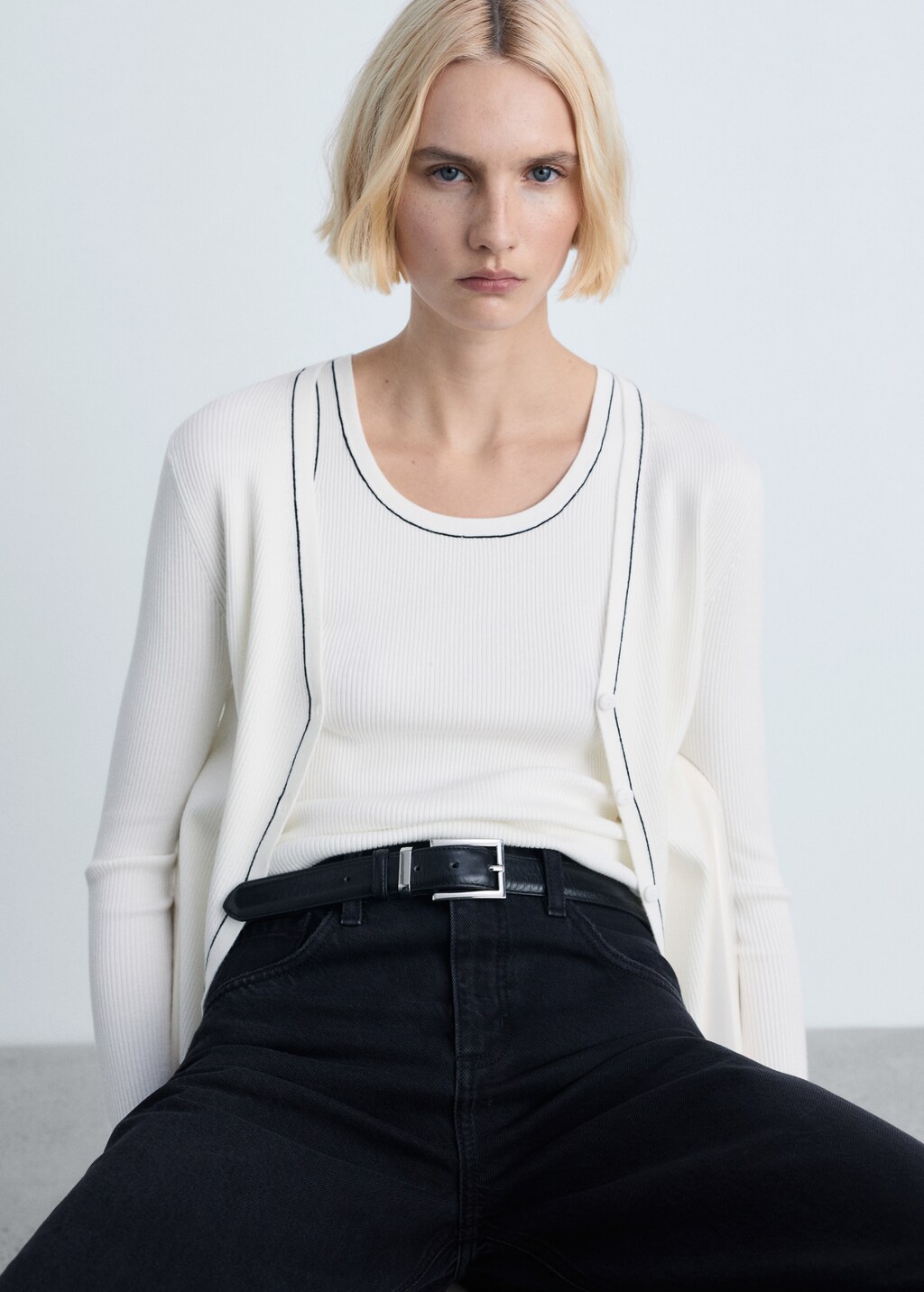 Ribbed top with contrasting trim - Khaki