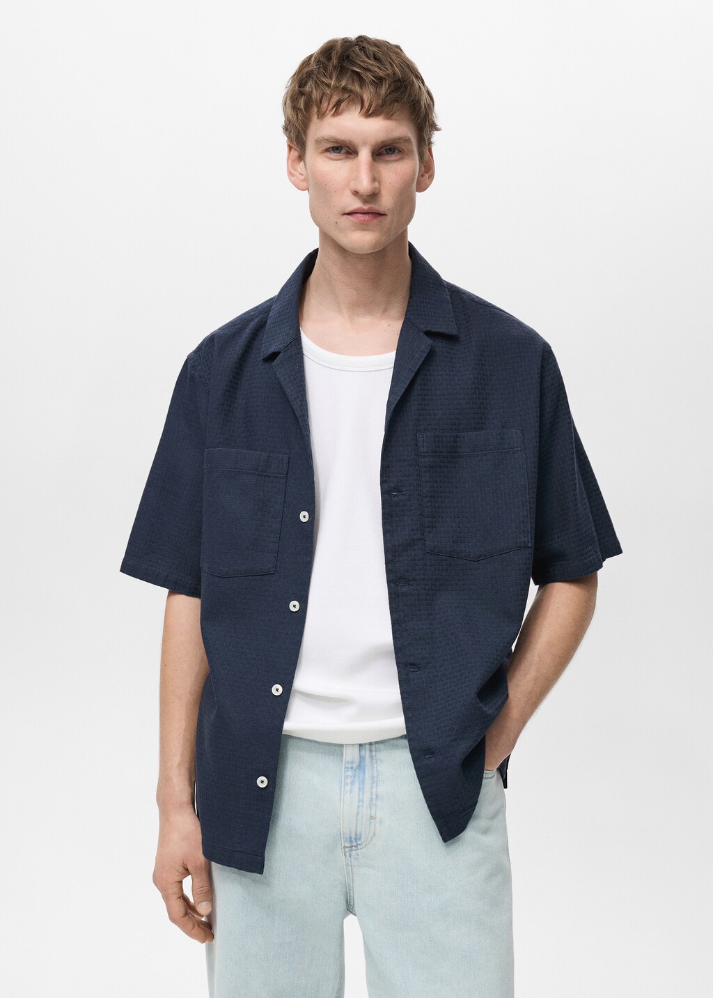 100% cotton check seersucker shirt - Dark Navy