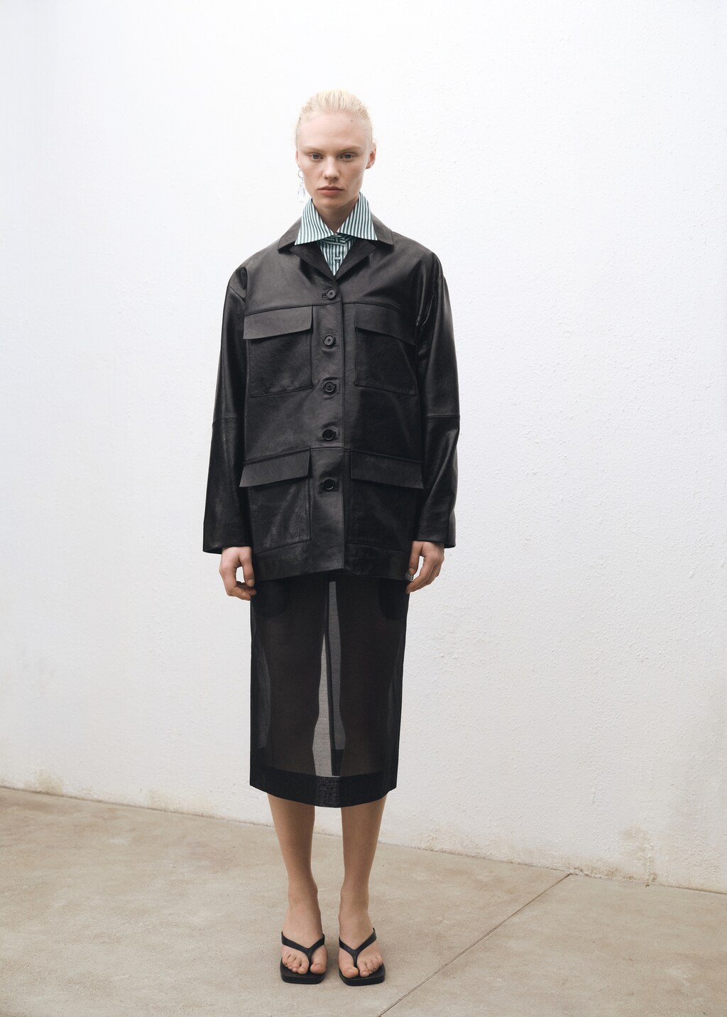 Oversized leather jacket with pockets - Black