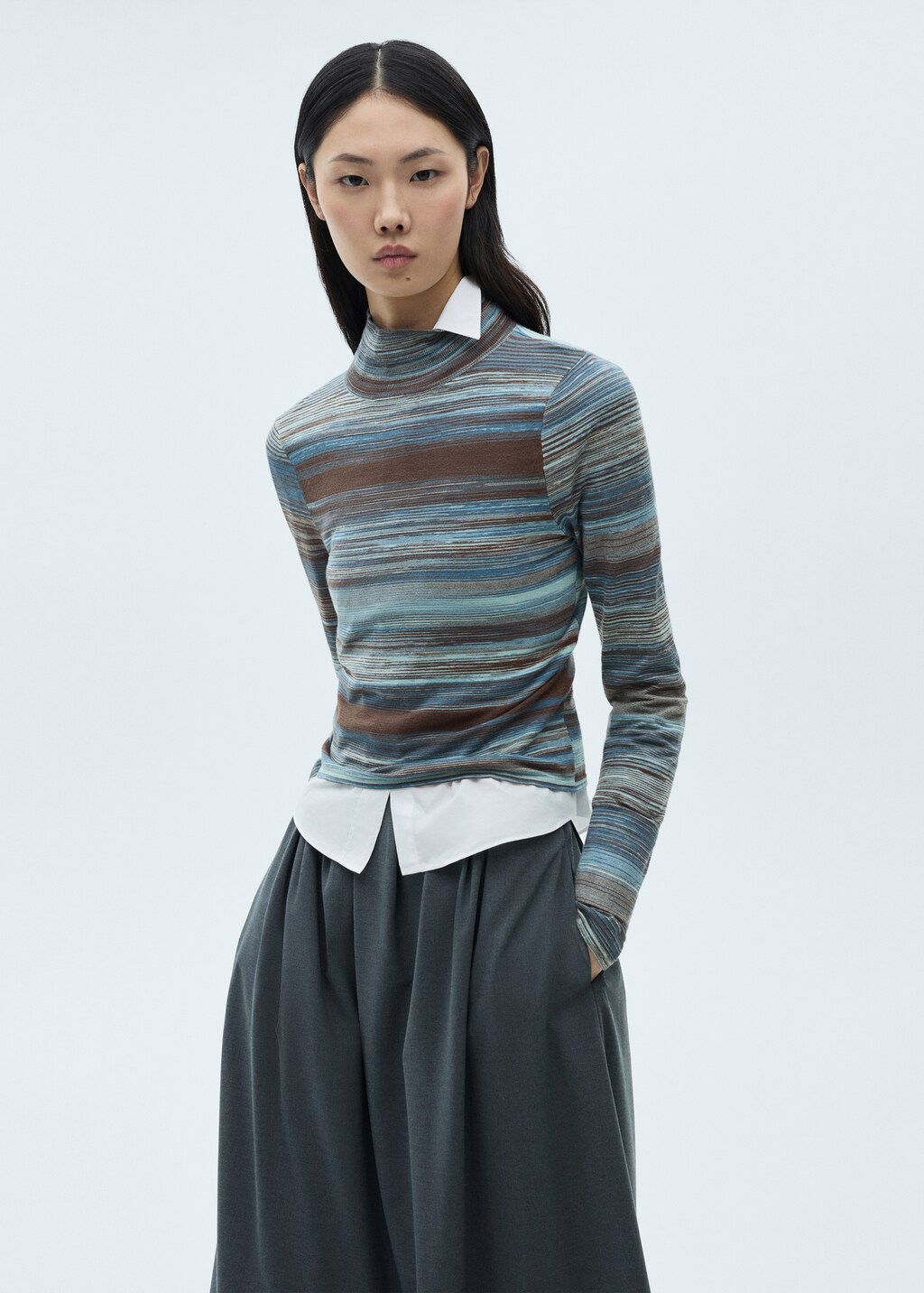 Stand-collar striped sweater - Blue