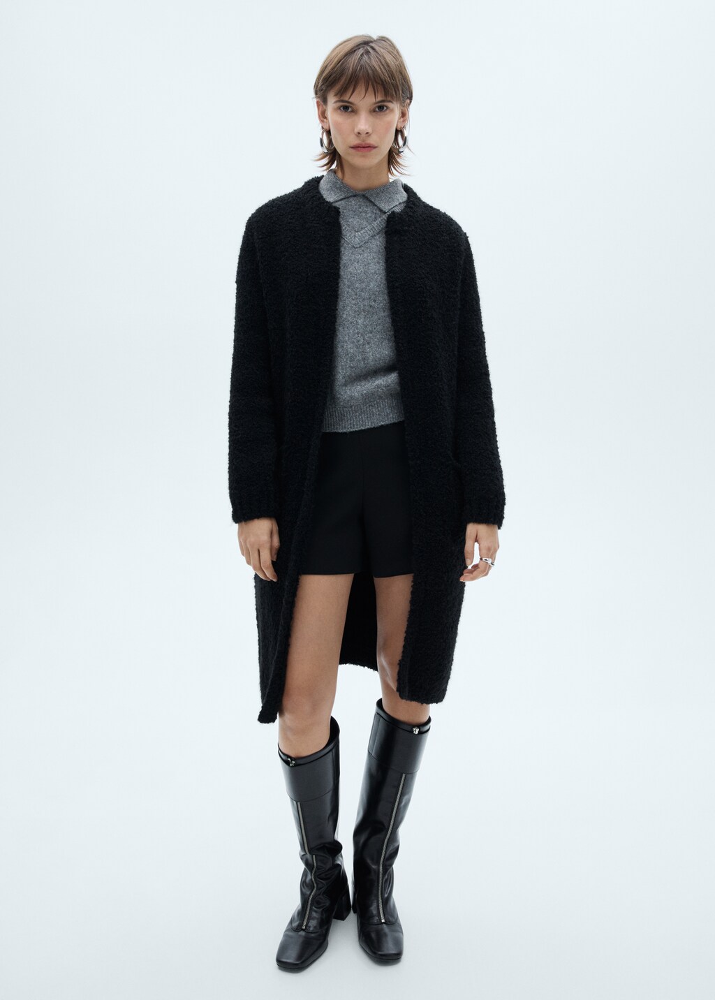 Bouclé knitted coat - Black