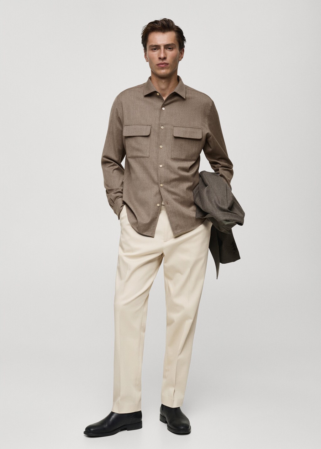Cotton twill pleated trousers - Ecru