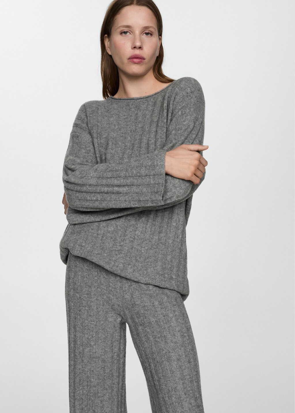 Straight-fit rib-knit trousers - Medium Heather Grey