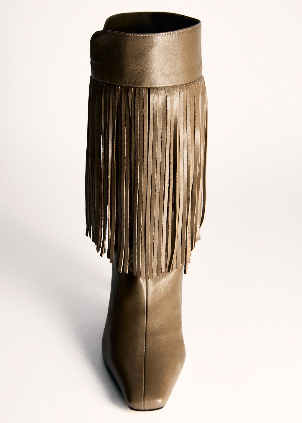 Leather ankle boot with fringe heel - Khaki