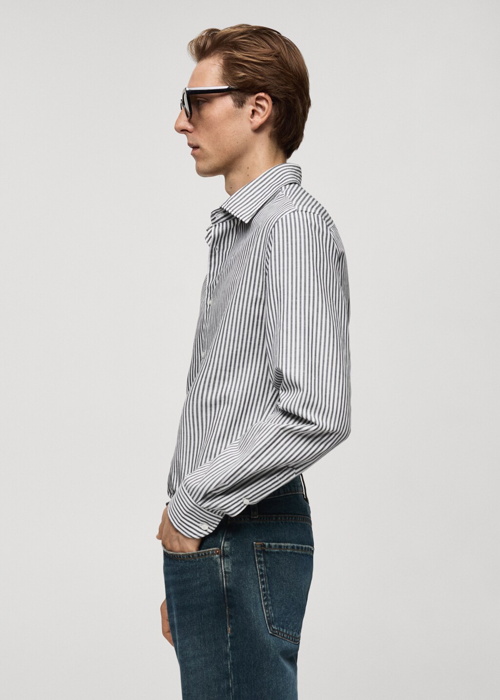 Regular-fit striped cotton-linen shirt - Khaki