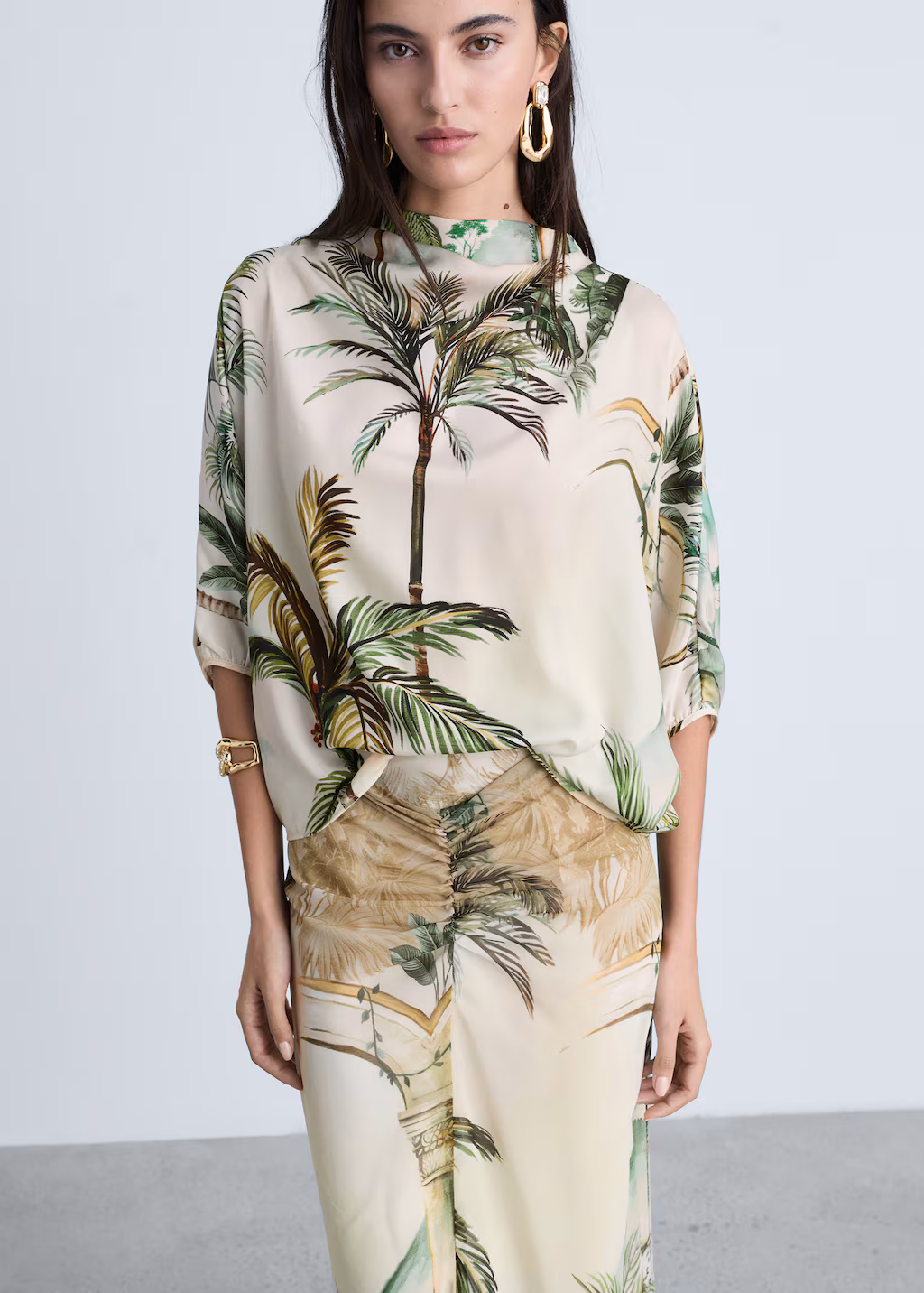 Tropical-print straight skirt - Ecru