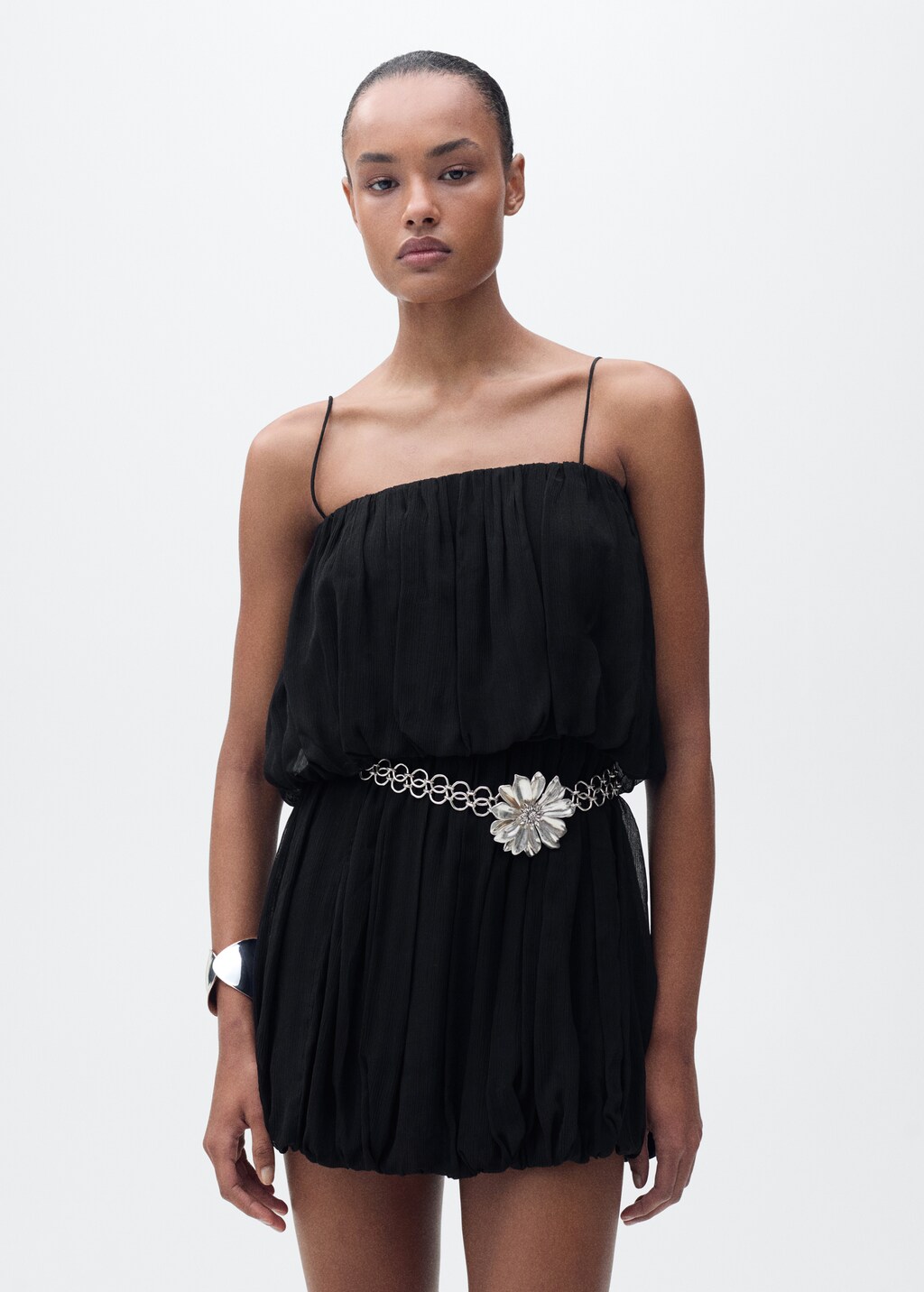 Short balloon-effect gathered dress - Black