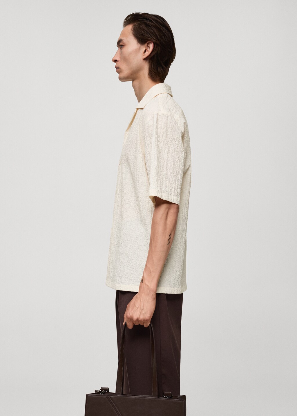 Seersucker shirt with bowling collar - Ecru