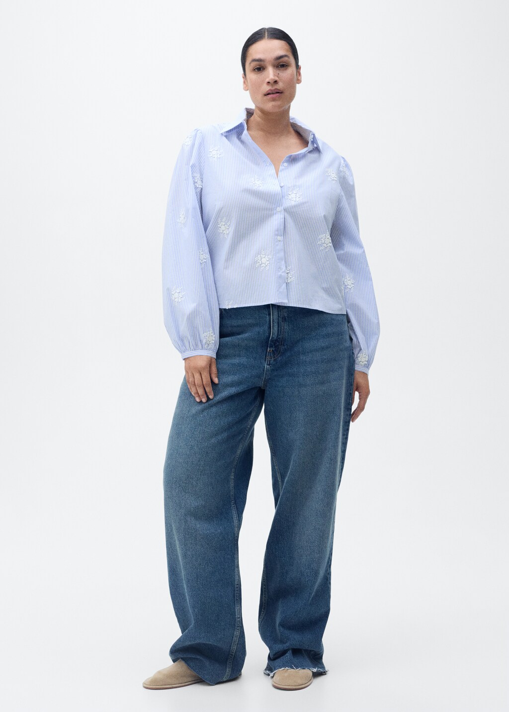 Flower embroidered striped shirt - Sky Blue