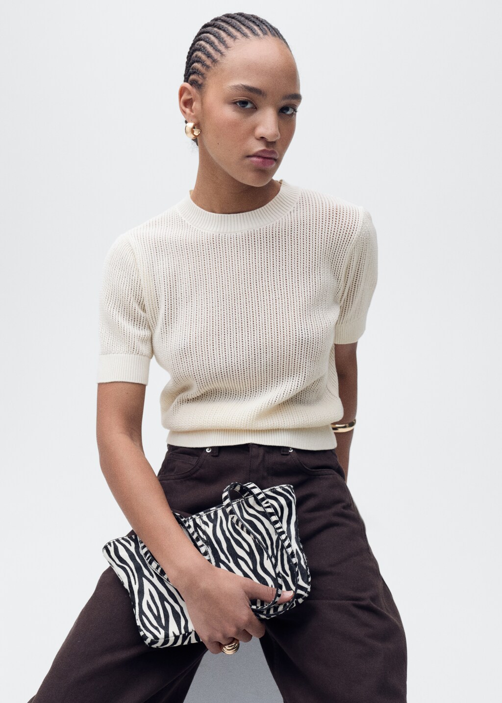 Short-sleeved openwork knitted sweater - Black