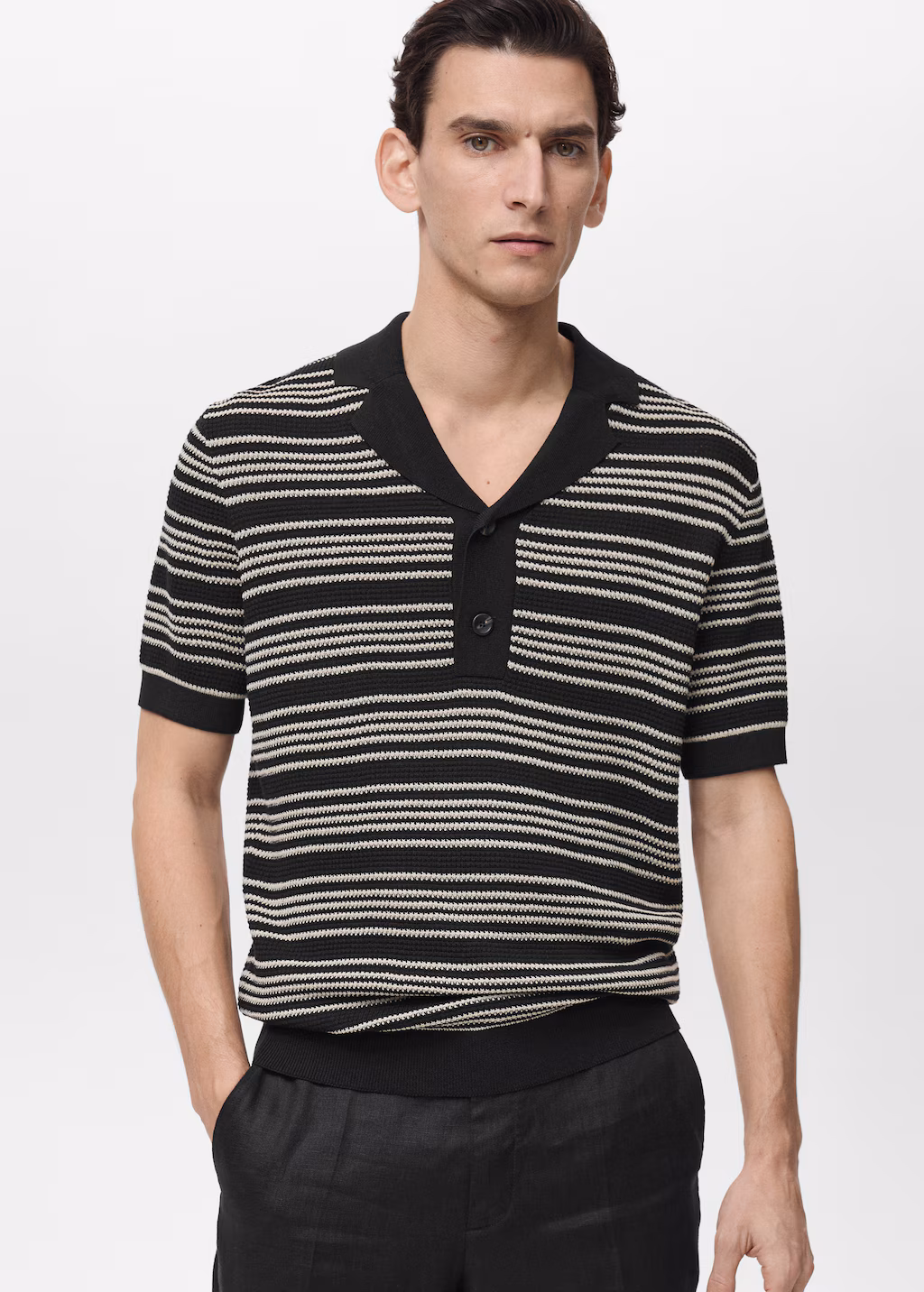 Striped braided knit polo shirt - Black