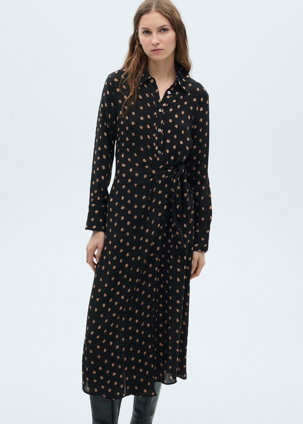 Polka-dot shirt dress with knot detail - Black
