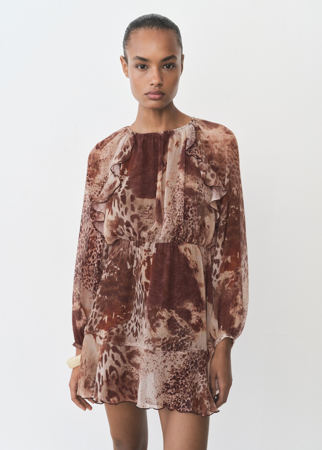 Vestido corto estampado volantes - Brown