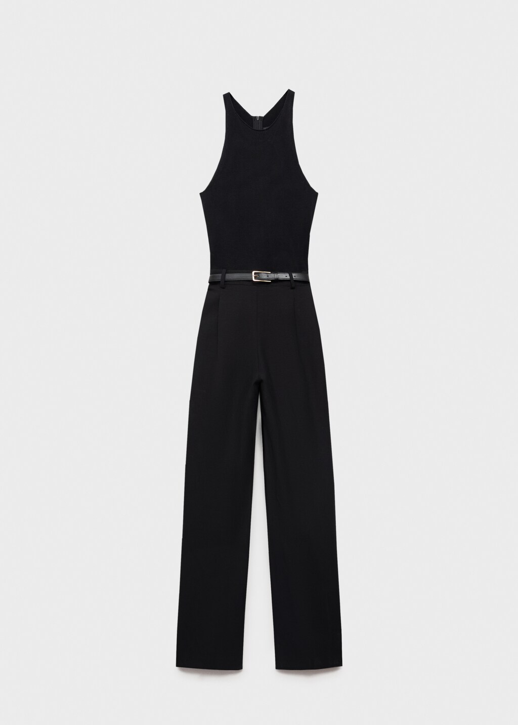 Combined-fabric jumpsuit with belt - Khaki