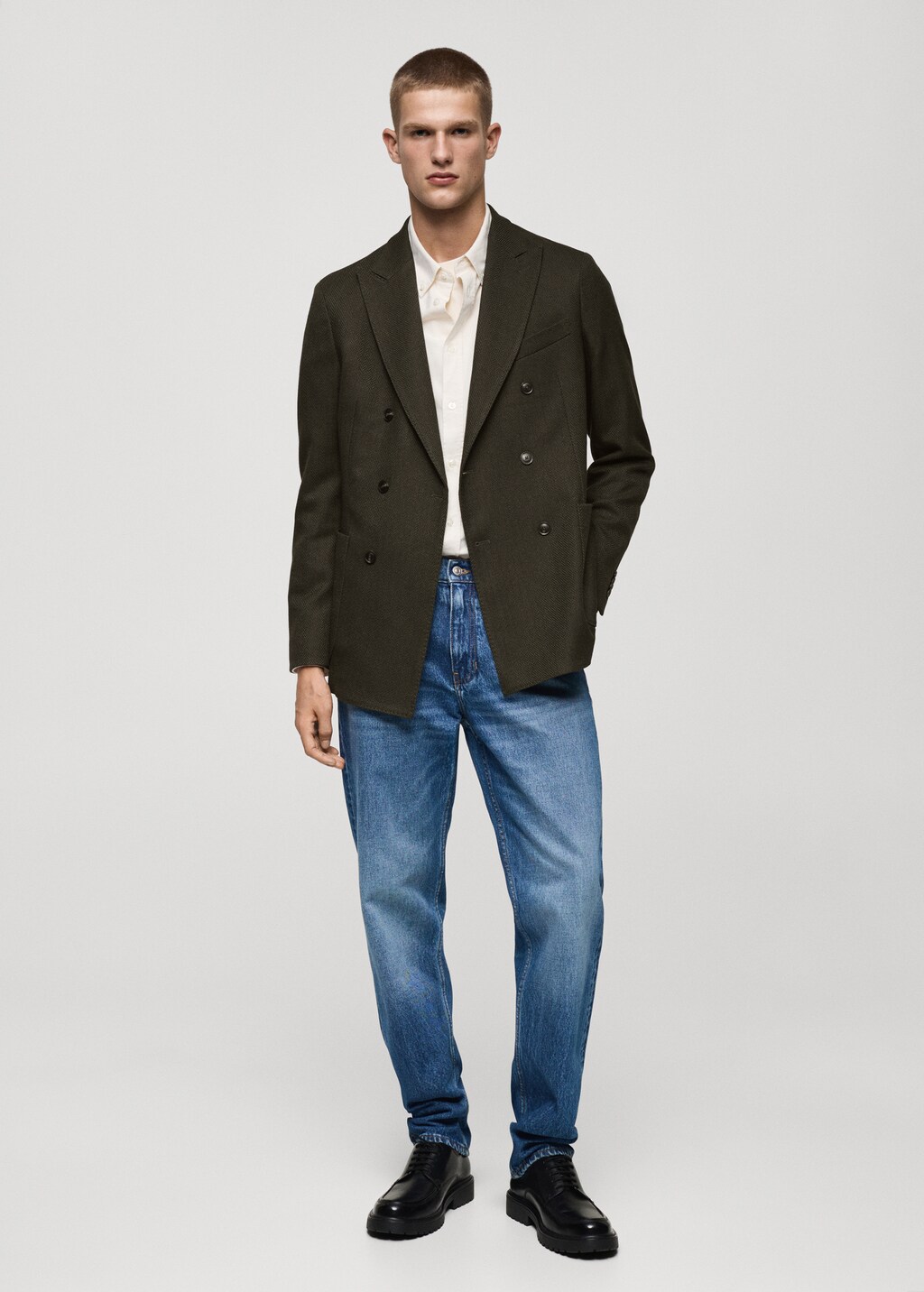 Twill slim-fit double-breasted jacket - Dark Navy