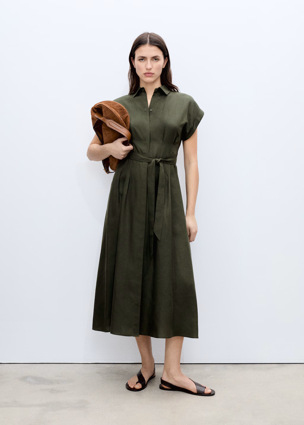 Linen and lyocell-blend shirt dress with belt - Khaki