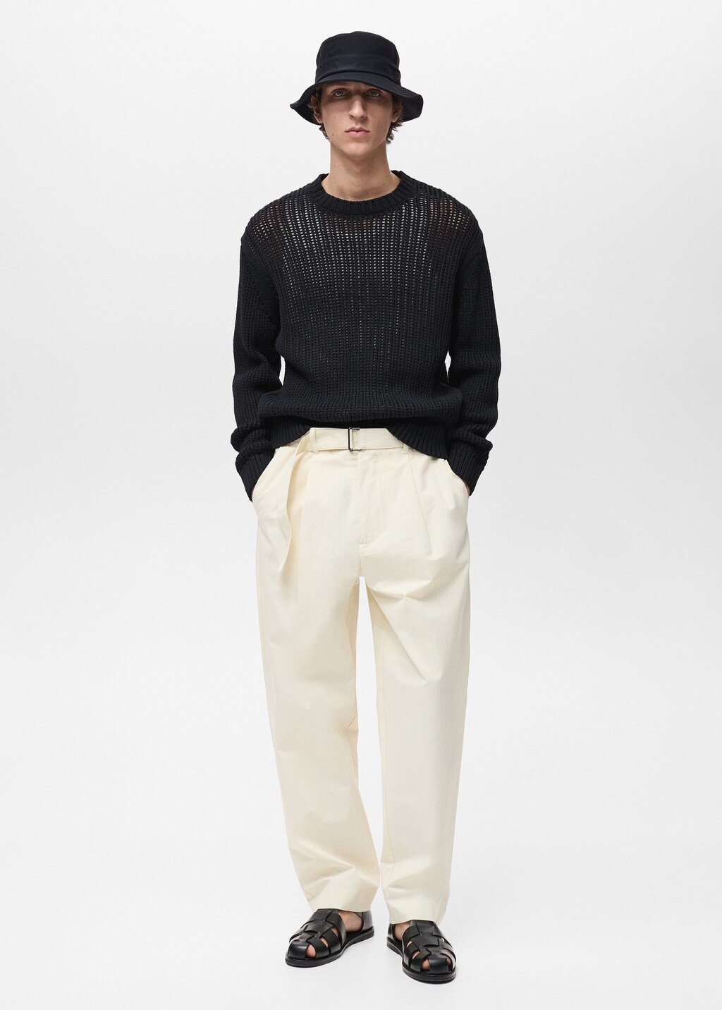 100% cotton openwork knitted sweater - Beige