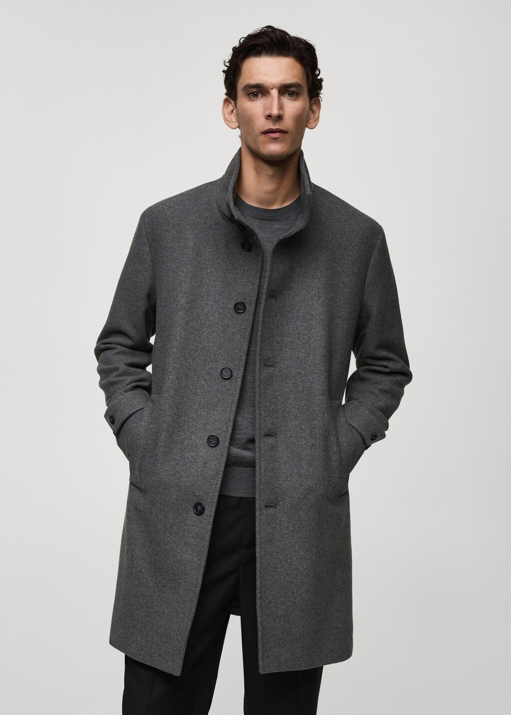 Wool funnel neck coat - Black