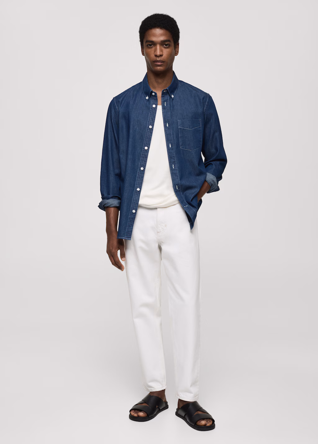 Regular-fit chambray cotton shirt - Dark Blue