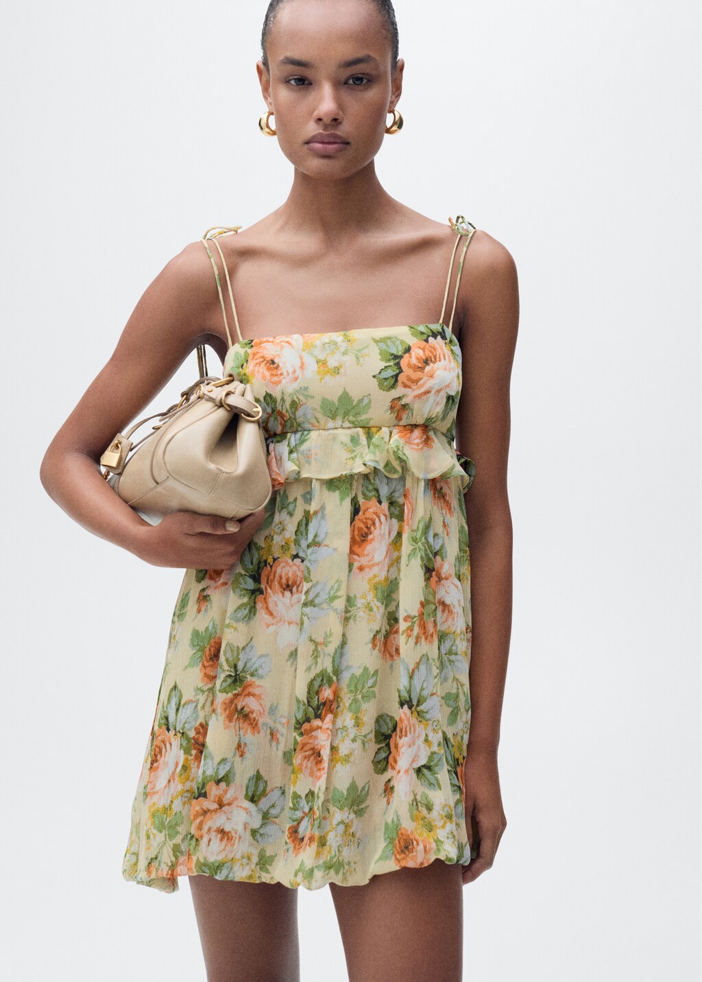Short floral dress with ruffle detail - Ecru