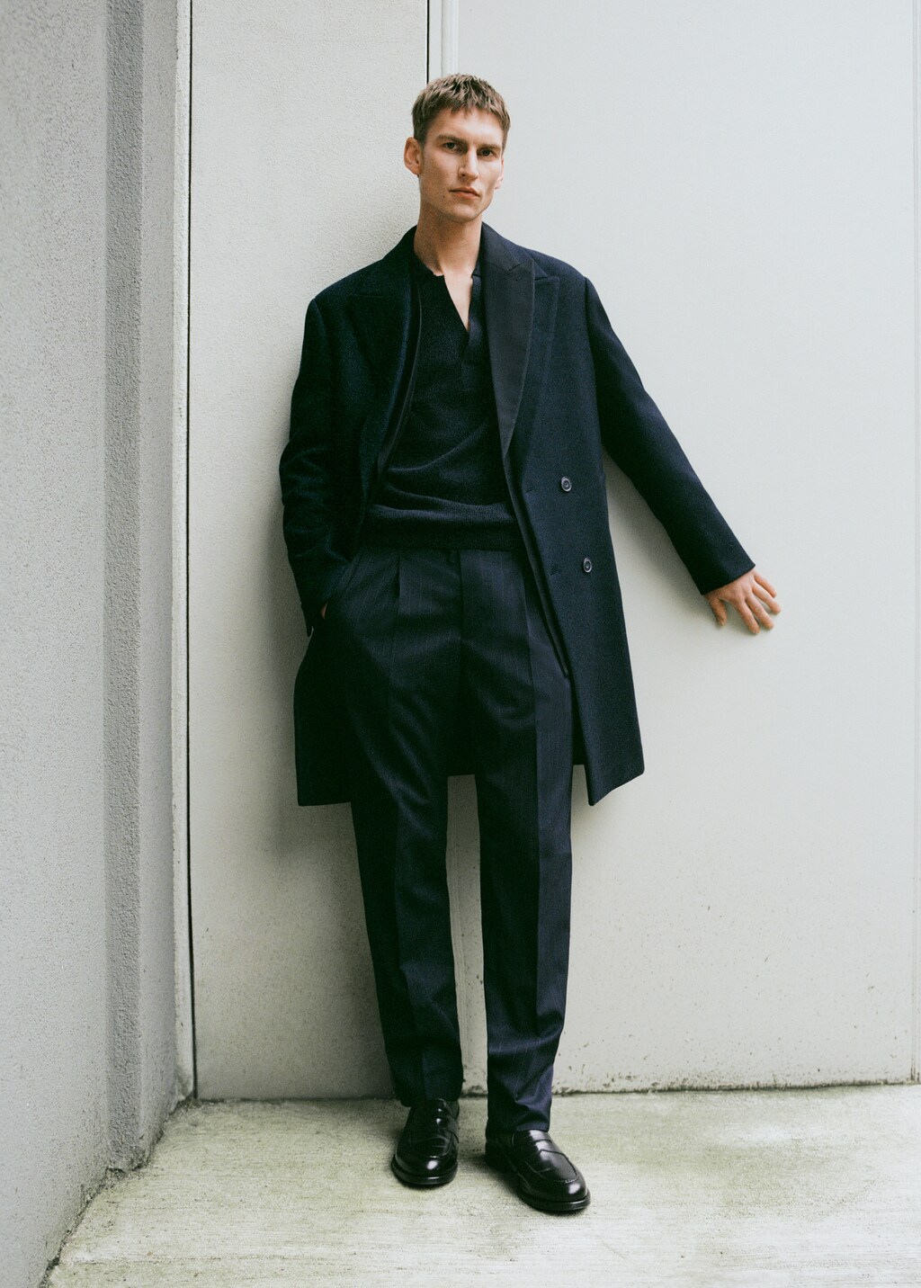 Relaxed-fit long wool coat - Navy