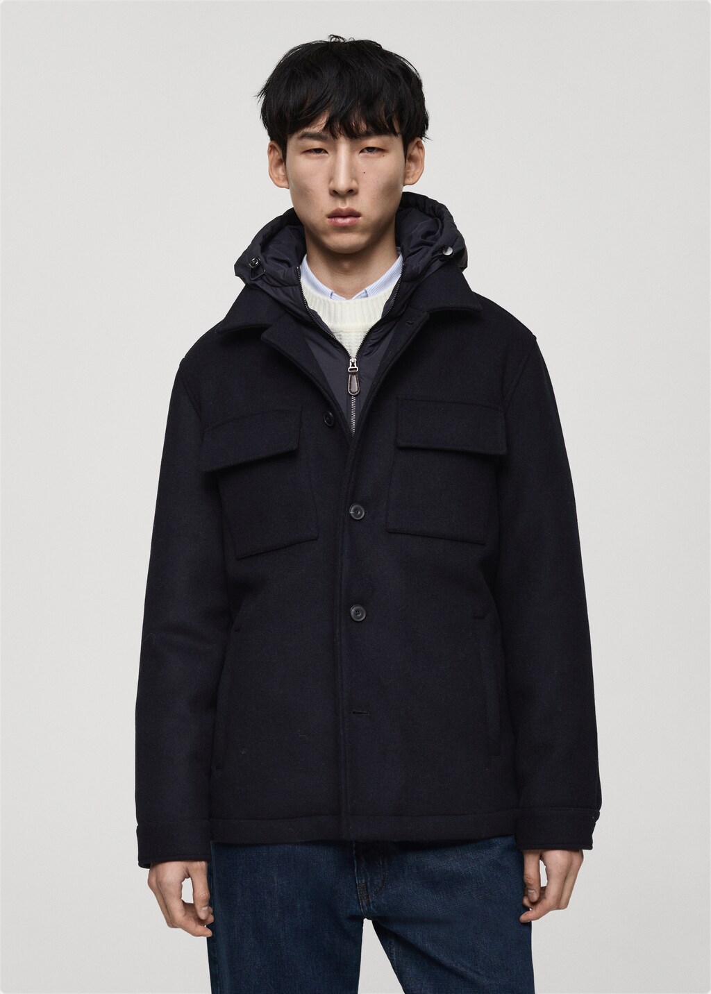Wool blend coat with detachable hood - Dark Navy