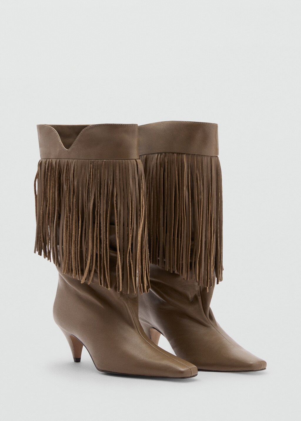 Leather ankle boot with fringe heel - Khaki