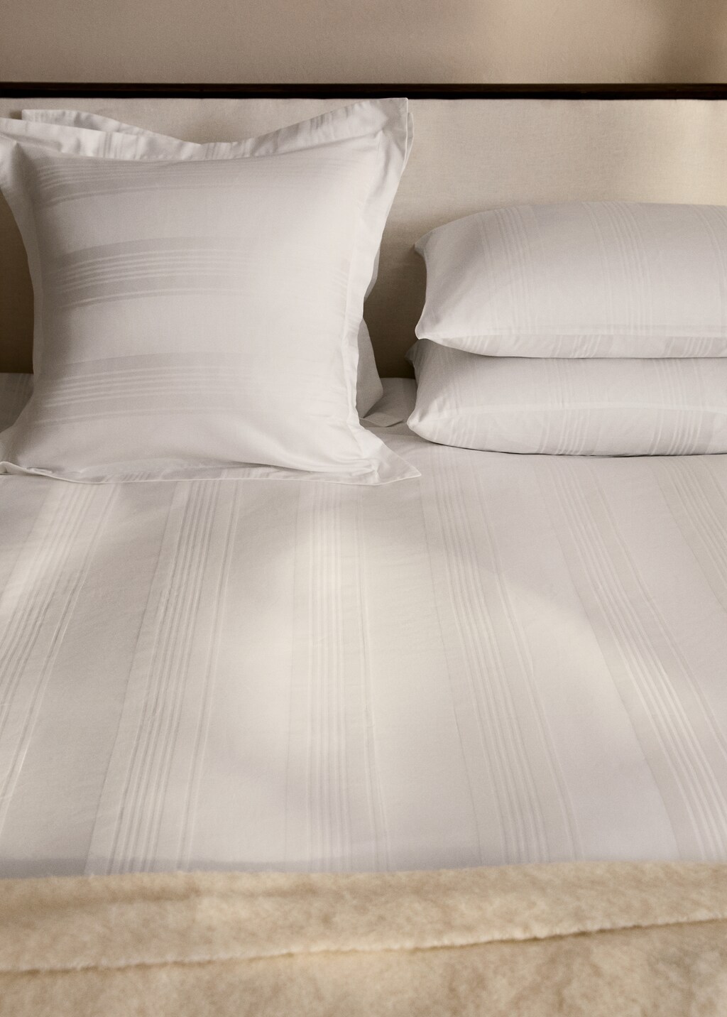 Cotton sateen 300 thread count striped duvet cover for 90 cm bed - White