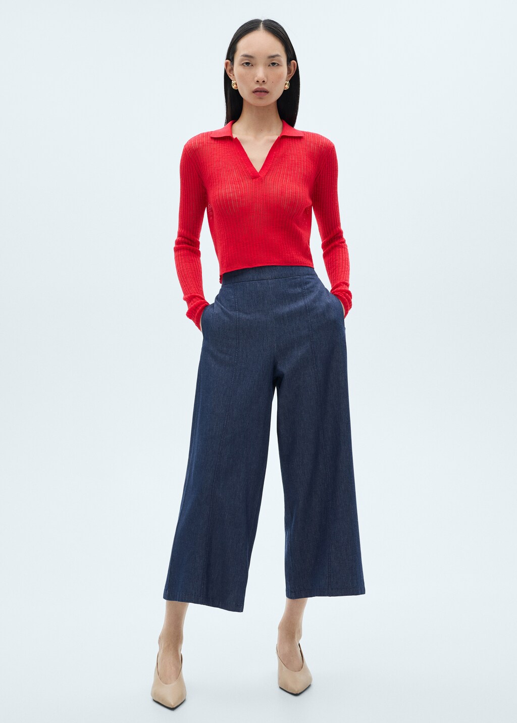 Denim-effect culotte trousers - Dark Blue