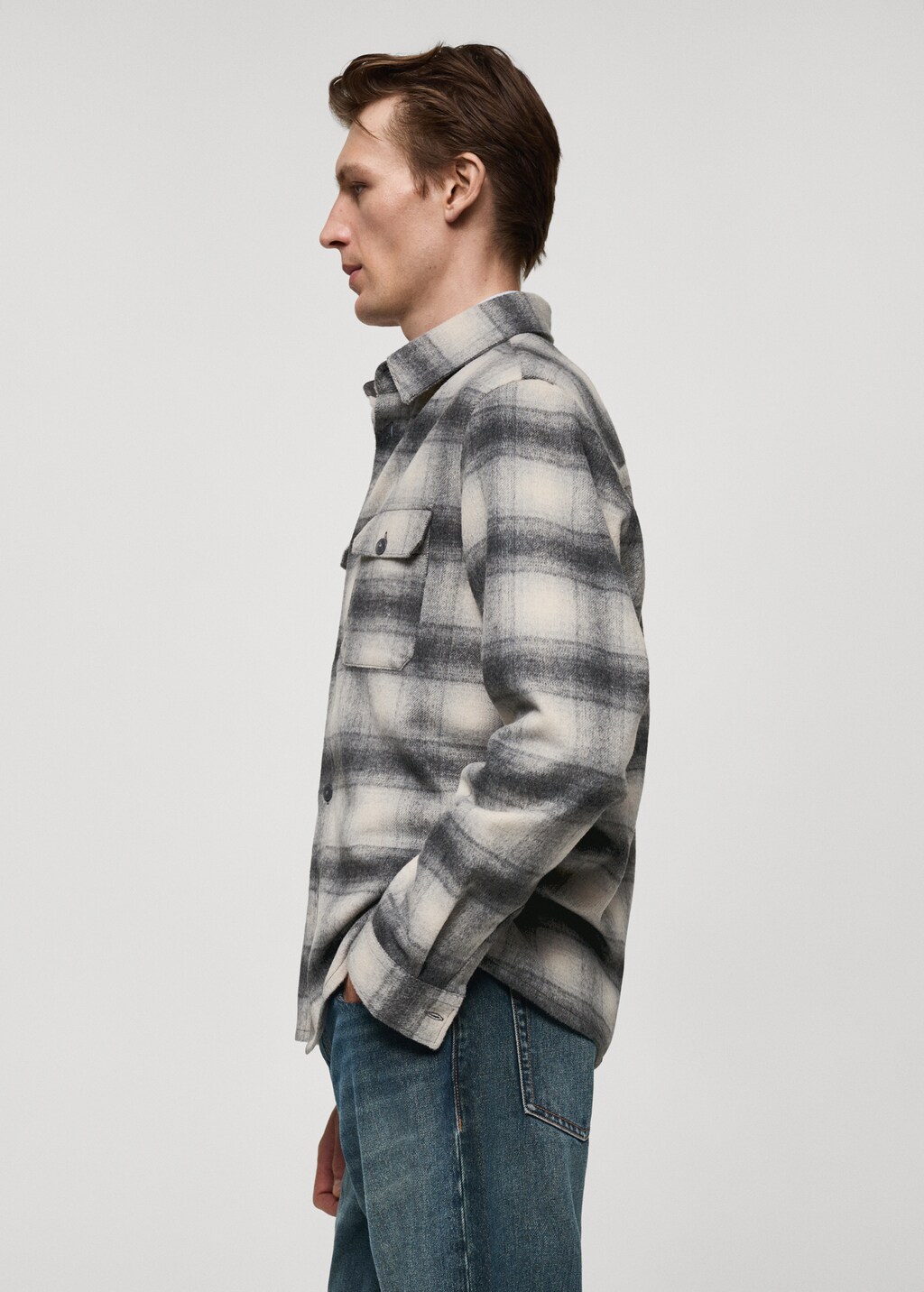 Plaid wool overshirt with pockets - Grey