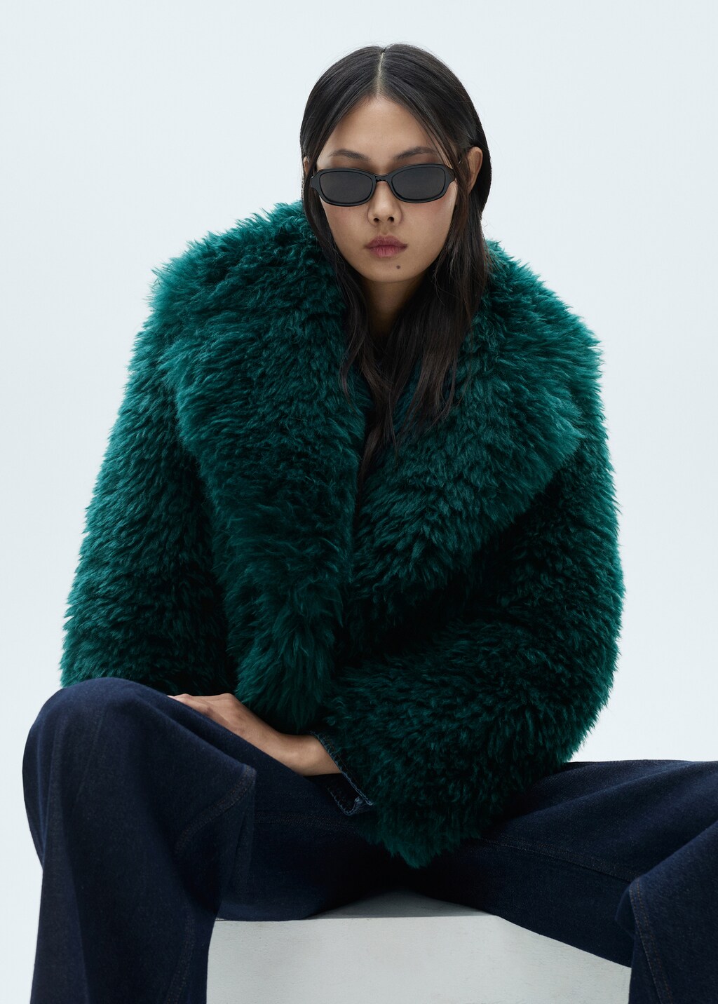 Fur-effect coat with lapels - Blue