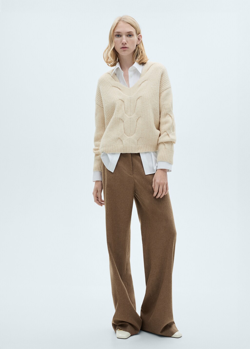 V-neck braided sweater - Ecru