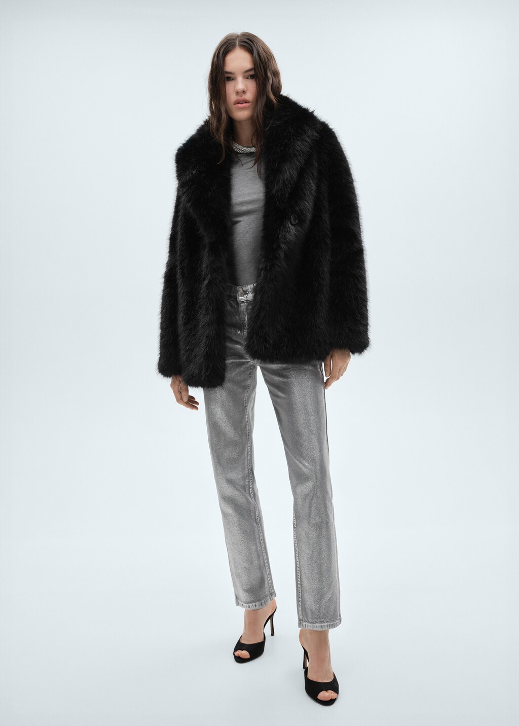 Fur-effect coat with lapels - Black