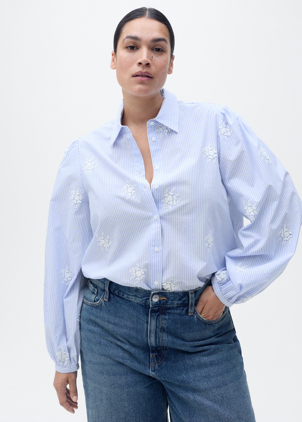 Flower embroidered striped shirt - Sky Blue
