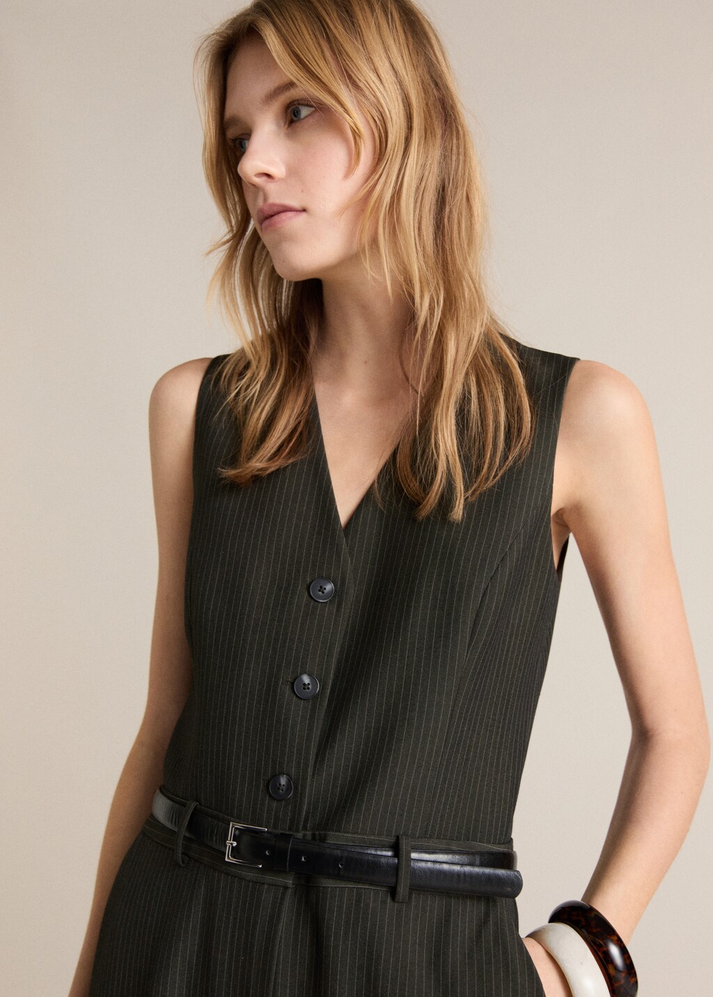 Pinstripe jumpsuit with belt - Billiard Green