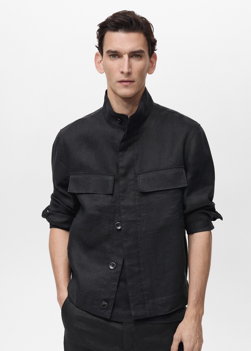 100% linen turtleneck jacket - Khaki