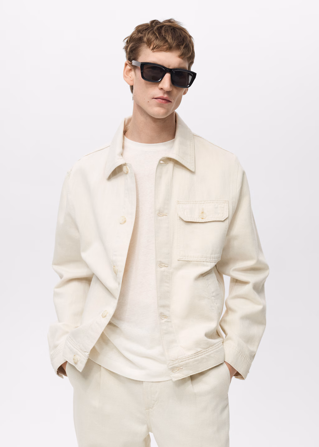 Linen-cotton overshirt with pocket - Ecru