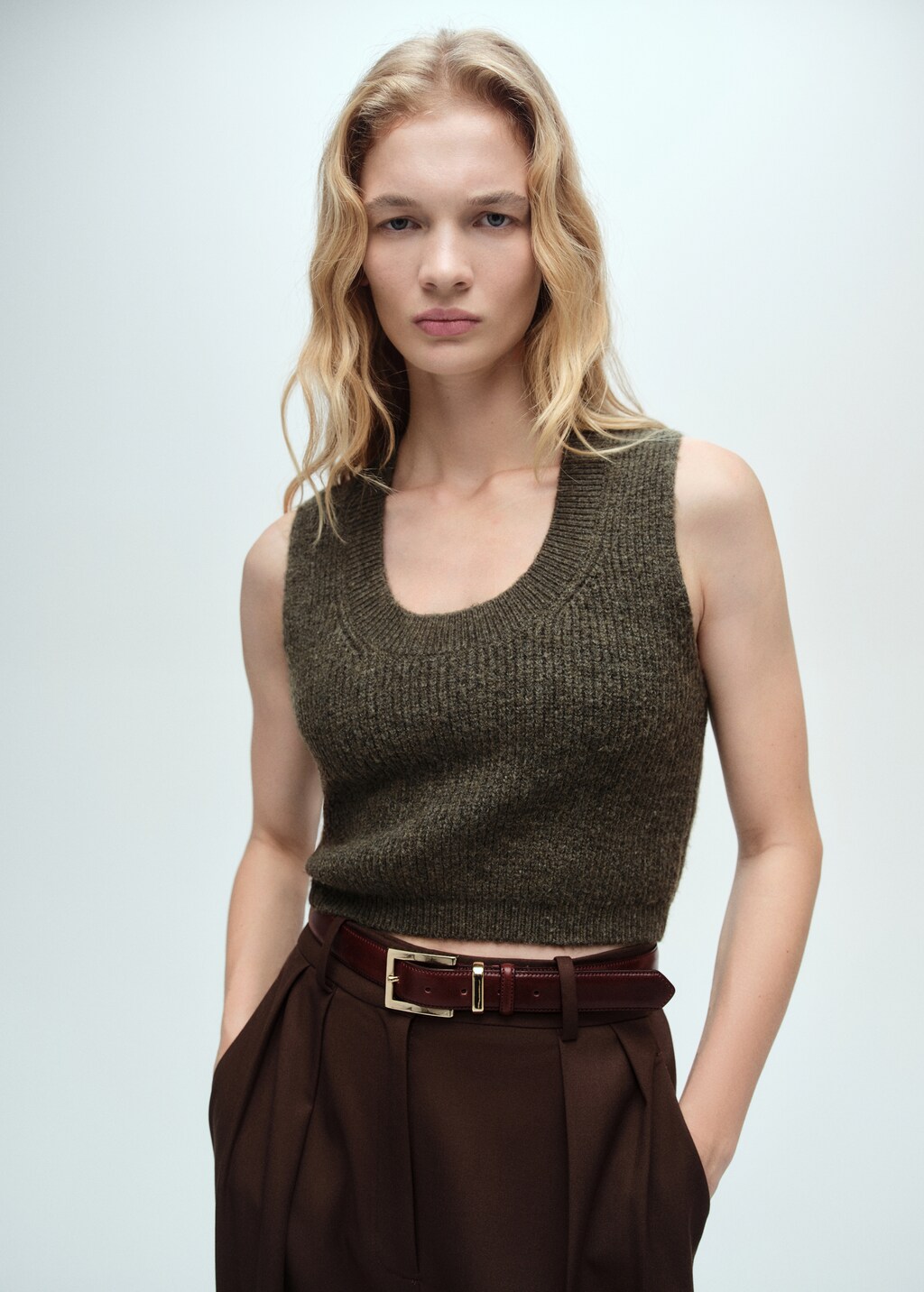 Knitted cropped top - Khaki