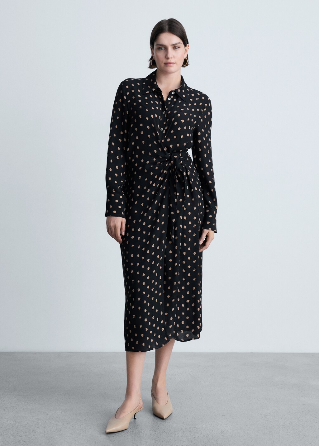 Polka-dot shirt dress with knot detail - Black