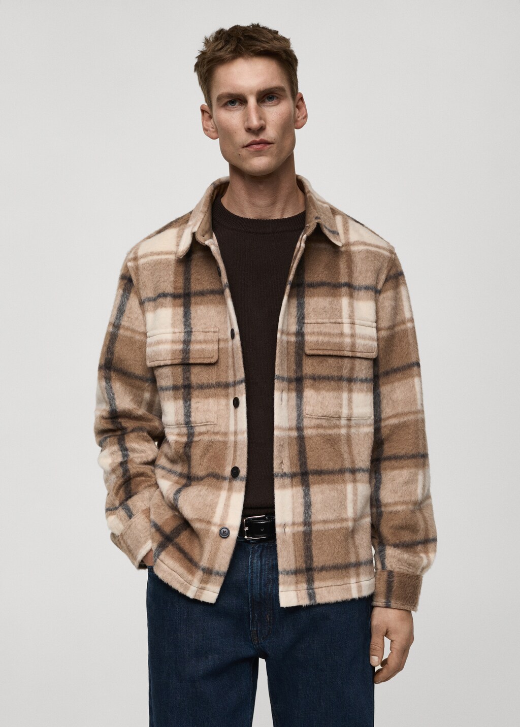 Check flannel textured overshirt - Beige