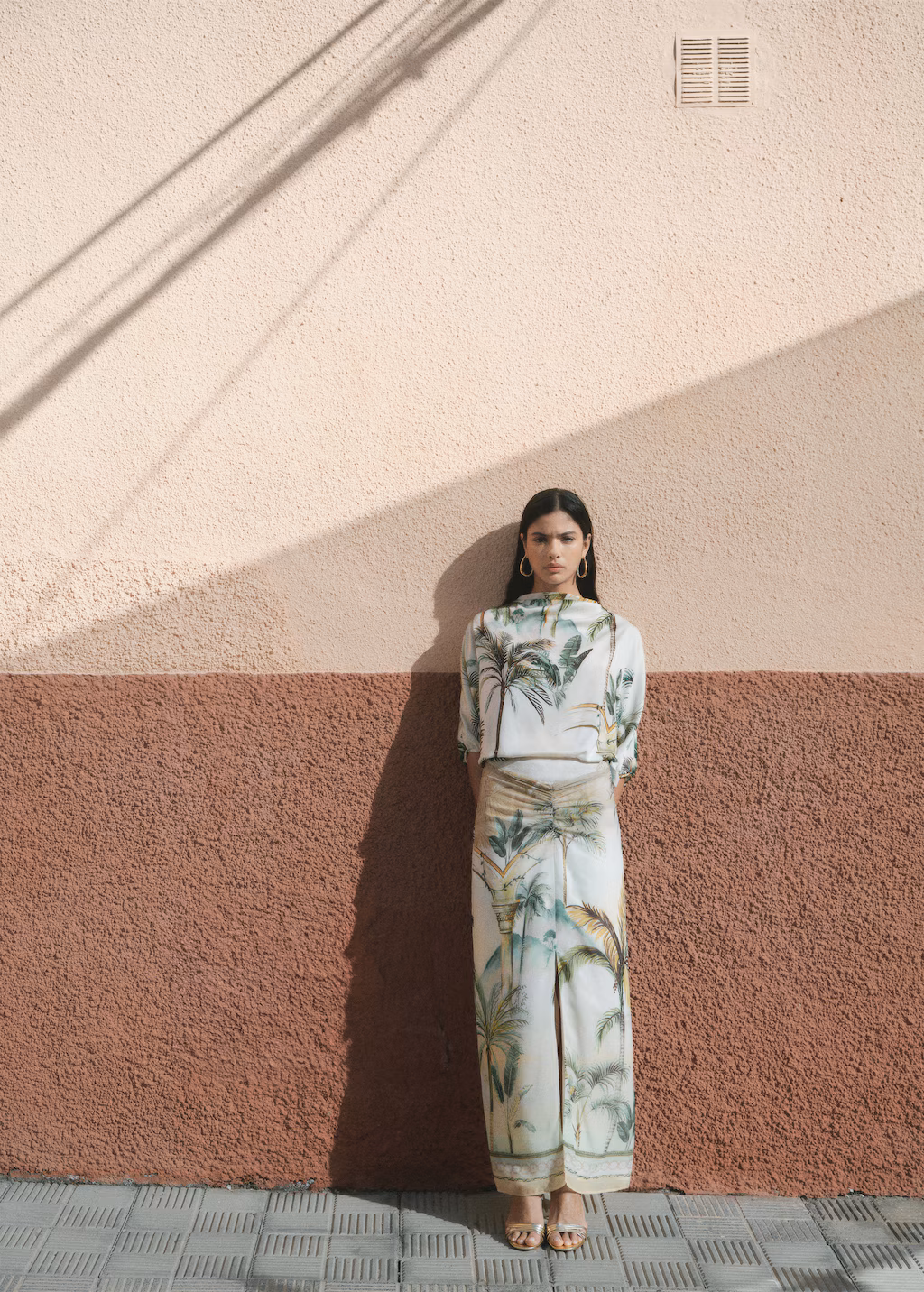 Tropical-print straight skirt - Ecru