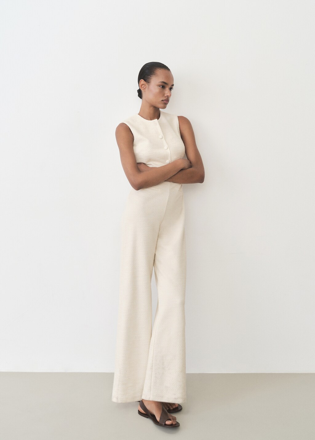 Buttoned tweed jumpsuit - Ecru