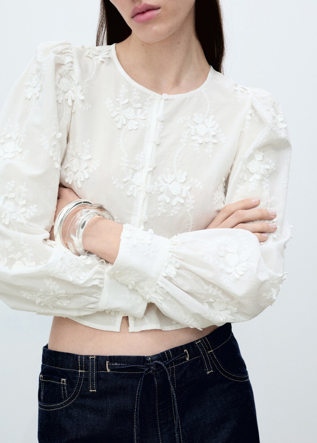 Flower-embroidered cotton blouse - Off White