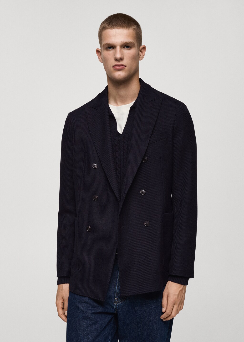 Twill slim-fit double-breasted jacket - Dark Navy