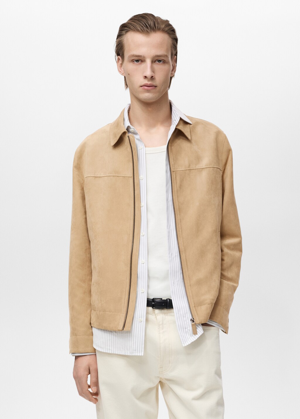 Suede-effect jacket with zip - Beige