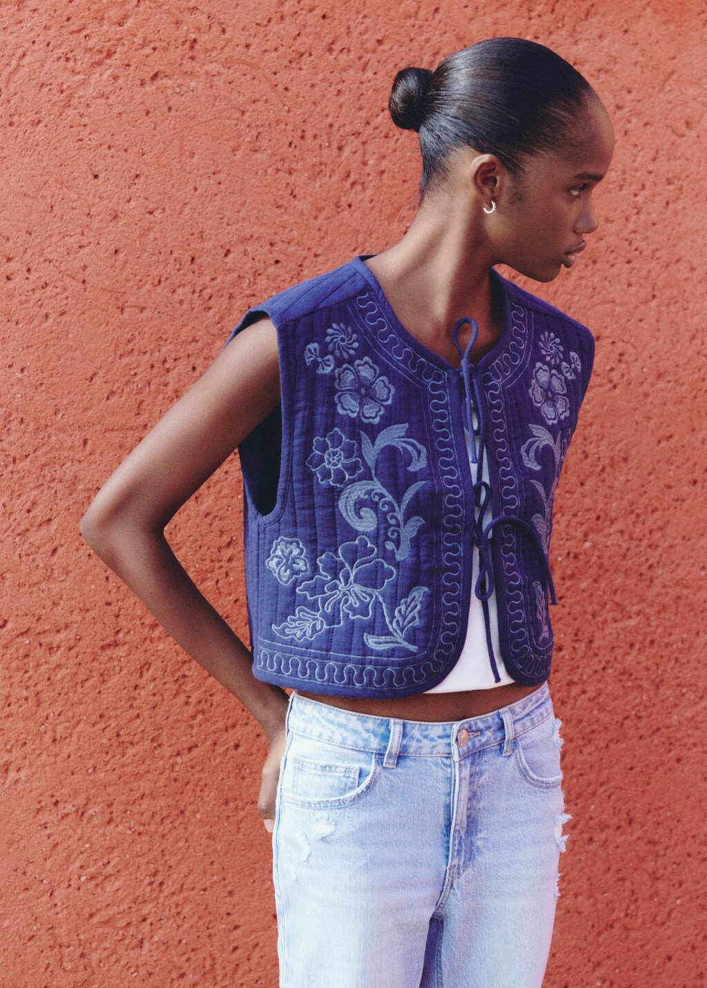 Embroidered cotton gilet - Dark Navy